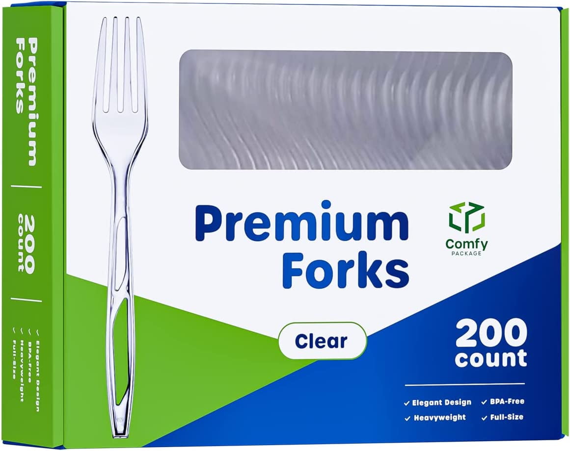 Premium Heavyweight Clear Plastic Disposable Forks, 200-Pack
