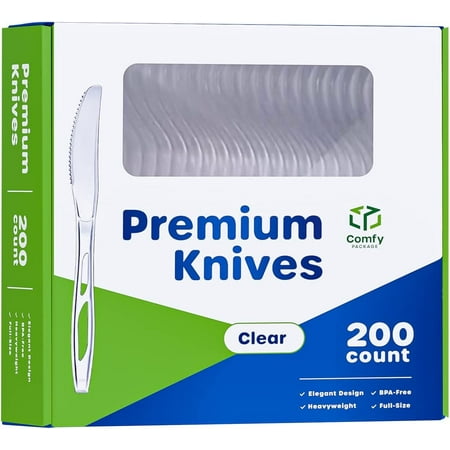 Comfy Package Premium Clear Plastic Knives Disposable Cutlery Heavy Duty, 200-Pack