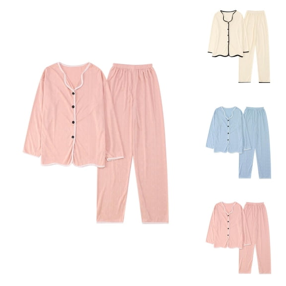 Comfy Pajama Set for Women – Cotton Summer Lounge Shorts Set Womens Autumn Winter Pajamas Long Pants Sleepwear Sets Soft Comfy Night Wear V Neck Loungewear Cute Two Piece Pajama Wear