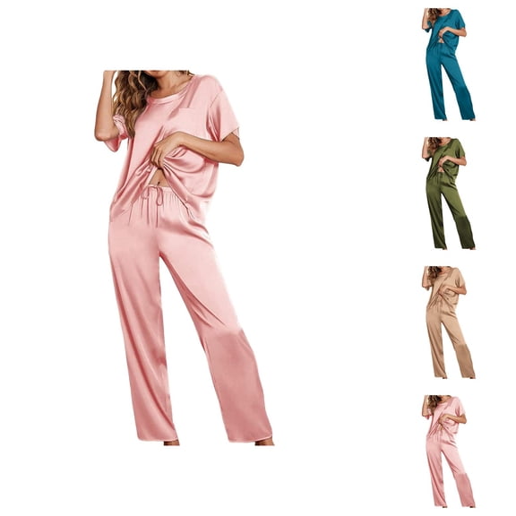 Comfy Pajama Set for Women – Cotton Summer Lounge Shorts Set Womens Satin Pajama Set Short Sleeve Shirt With Long Pajama Pant Set Soft PJ Loungewear
