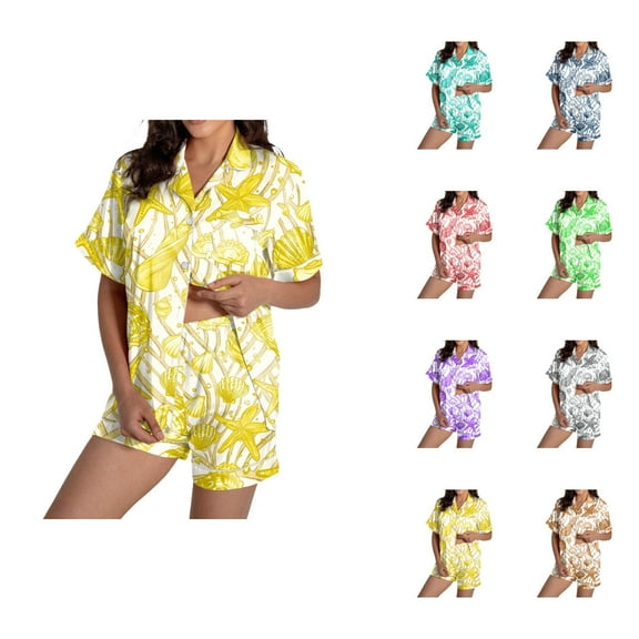 Comfy Pajamas for Women – Bamboo Summer Sleep Set Women's Pajamas Set Casual Print Short Sleeve Button Down Shirt Pajamas Shorts Set Pajamas