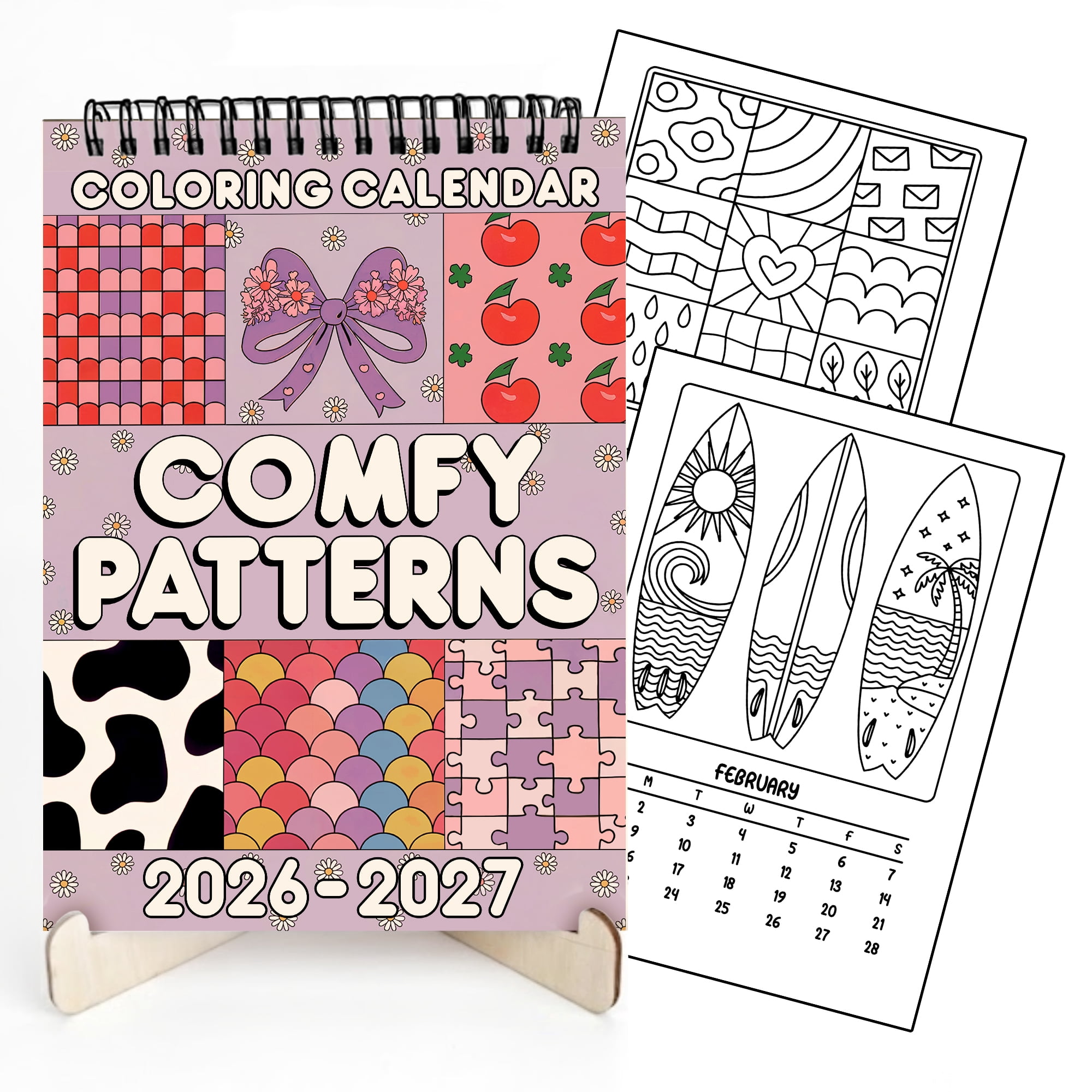 Comfy Patterns Coloring Desk Calendar 2026–2027, A5 Wooden Cover Planner with 26 Easy Coloring Pages for Adult Relaxation, 24 Month Desktop Calendar with Stand, Gift for Family & Friends
