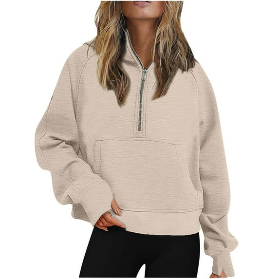 Comfy Plain Half Zip Pullover Sweatshirt Women Casual Sports Loose Long Sleeve Crop Sweater Tops Pocket Fall Clothes (Small, Khaki)