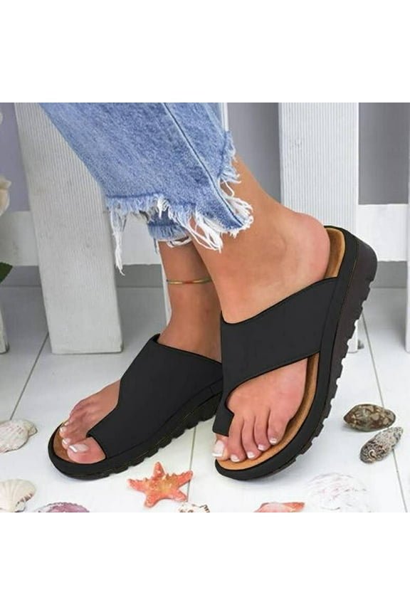 Comfy Platform Flat Sole PU Leather Shoes for Womens Orthopedic Bunion Corrector Sandals Casual Soft Ring Slides Flip Flops Slippers