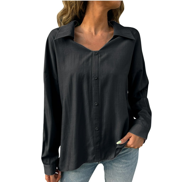 Comfy Hide Belly Long Shirt Long Sleeve Shirts Button Down Collared Solid  Dressy Plus Size Tops for Women Tunic Tops to Wear with Leggings Flowy  Black