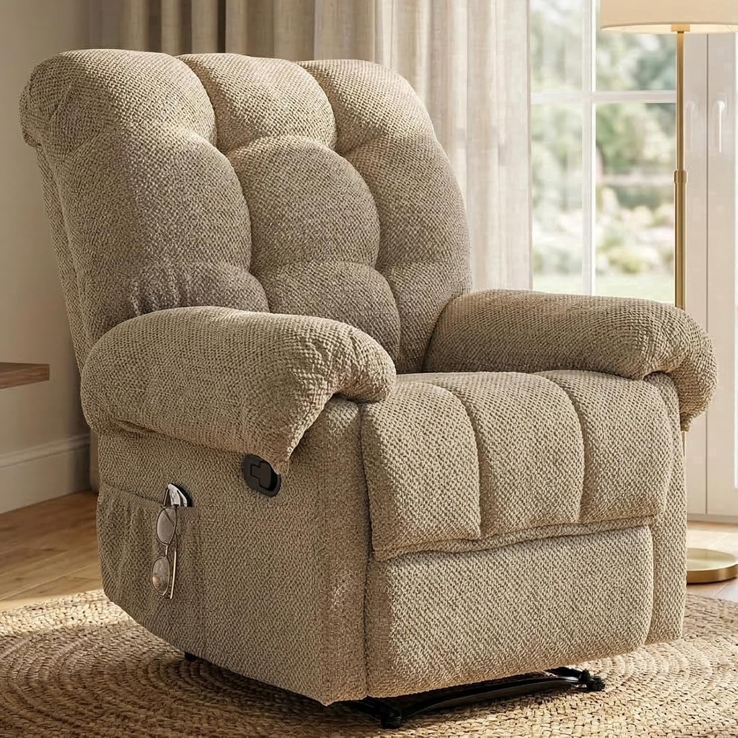 36'' W Camel Comfy Manual Rocking Recliner Chair, Ergonomic Pain Relief w/Pockets, Reading Napping Small Apt Bedroom Living Room, Gift for Mom Dad
