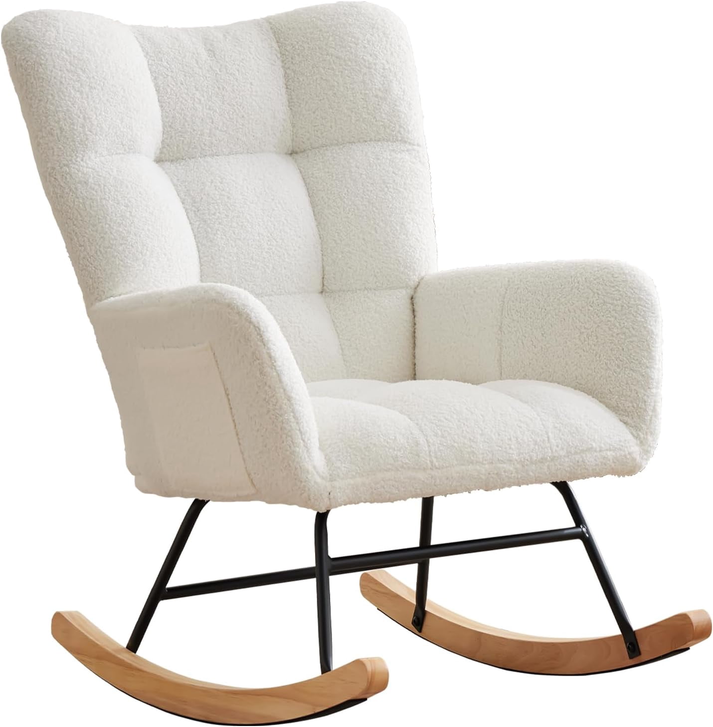 Comfy Rocking Chair for Nursery or Bedroom Upholstered Glider with Side Pocket, Ergonomic Backrest, and Soft Armrests – Ideal Accent Chair for Reading, Relaxing(White)
