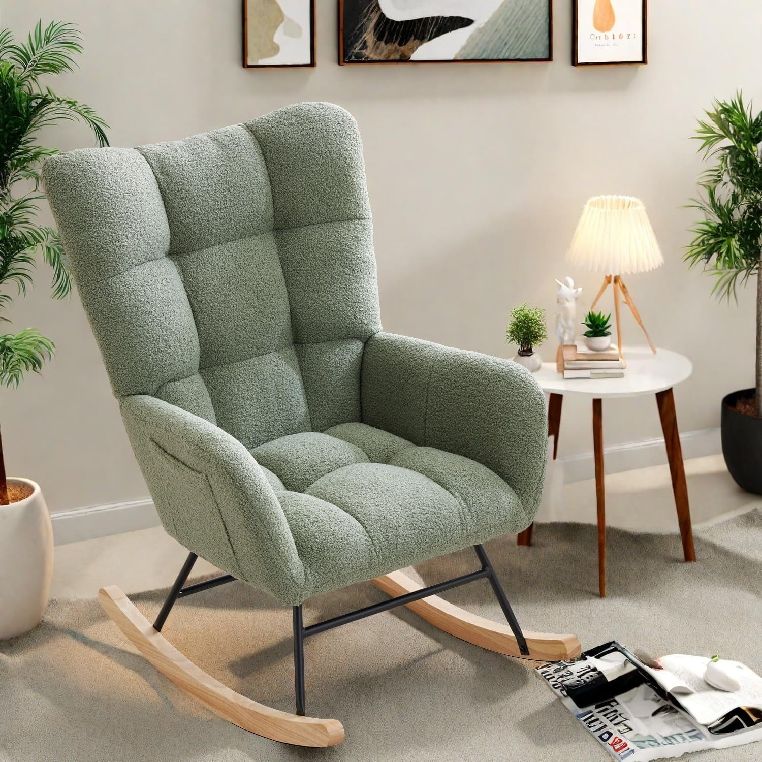 Comfy Rocking Chair Nursery, Teddy Upholstered Glider Chair w/ High Backrest Armrest Side Pockets