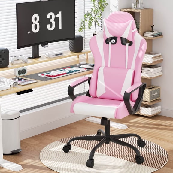 Comfy Rolling Video Game Chair for Adults, Ergonomic Office Chair with Lumbar Support, Height Adjustable Reclining Gaming Chair for Office, Home, Bedroom, Pink