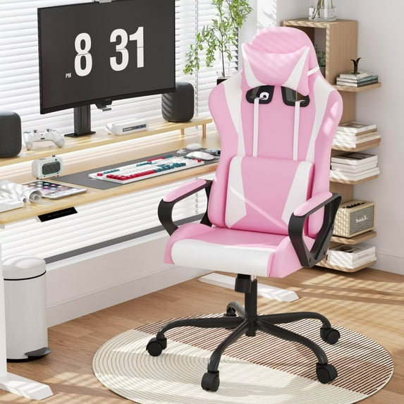 Comfy Rolling Video Game Chair for Adults, Ergonomic Office Chair with Lumbar Support, Height Adjustable Reclining Gaming Chair for Office, Home, Bedroom, Pink