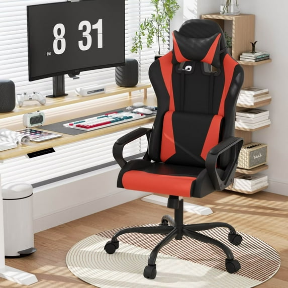Comfy Rolling Video Game Chair for Adults, Ergonomic Office Chair with Lumbar Support, Height Adjustable Reclining Gaming Chair for Office, Home, Bedroom, Red