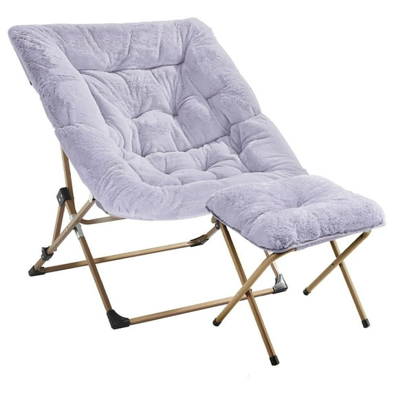 Comfy Saucer Chair for Adults, Soft Faux Fur Folding Lounge Chair for Bedroom Living Room Dorm Rooms Flexible Reading Chair for Teens Kids, X-Large Foldable Chair (Ottoman-Lavender)
