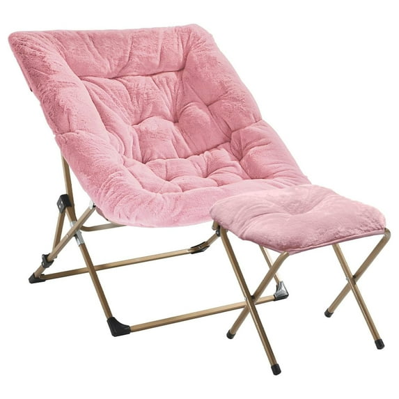 Comfy Saucer Chair for Adults, Soft Faux Fur Folding Lounge Chair for Bedroom Living Room Dorm Rooms Flexible Reading Chair for Teens Kids, X-Large Foldable Chair (Ottoman-)