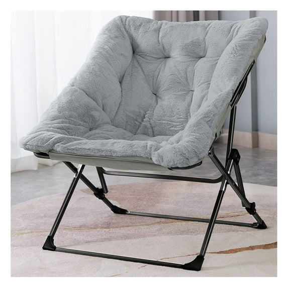 Comfy Saucer Chair for Adults, Soft Faux Fur Folding Lounge Chair for Bedroom Living Room Dorm Rooms Flexible Reading Chair for Teens Kids, X-Large Foldable Chair (Faux Fur-Grey)