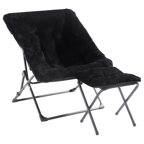 Comfy Saucer Chair for Adults, Soft Faux Fur Folding Lounge Chair for Bedroom Living Room Dorm Rooms Flexible Reading Chair for Teens Kids, X-Large Foldable Chair (Ottoman-Black)