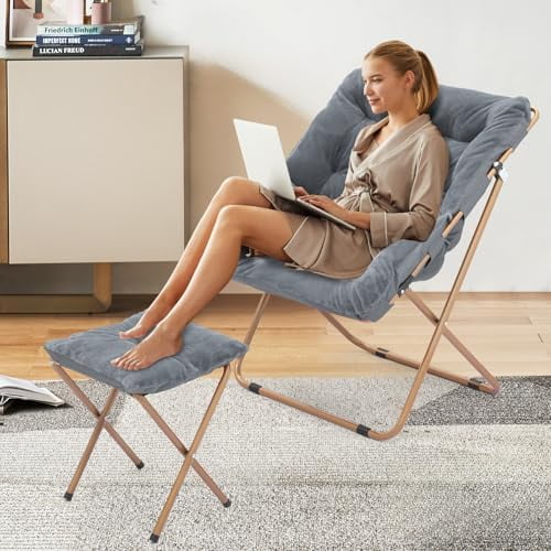 Comfy Saucer Chair for Adults, Soft Faux Fur Folding Saucer Chair with Footrests, Metal Frame Cozy Lazy Chair Oversized Square Foldable Lounge Moon Chair for Bedroom Living Room Dorm