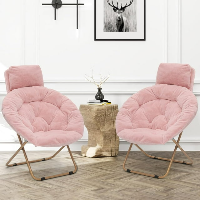 Comfy Saucer Chair Set of 2 with Headrest Large Cozy, Metal Frame Cozy Lounge Lazy Chair Folding Faux Fur Round Saucer Chair for Adults, Foldable Moon Chair