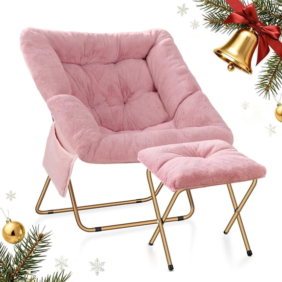 Comfy Saucer Chair for Adults, Foldable Living Room Chairs, Soft Faux Fur Lounge Chair for Bedroom, Reading Chairs, X-Large (Ottoman-Pink)