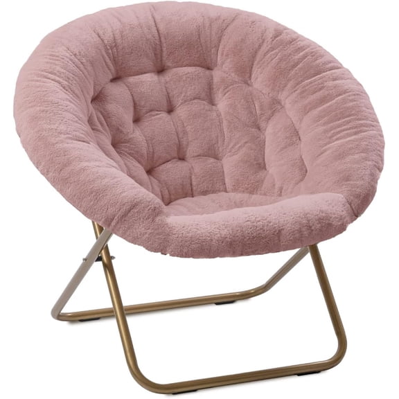 Comfy Saucer Chairs, Folding Reading Lounge Chair, Cozy Faux Fur Living Room Chair with Soft Thick Padded Seat Metal Frame, Modern Style Chairs, PU Pink