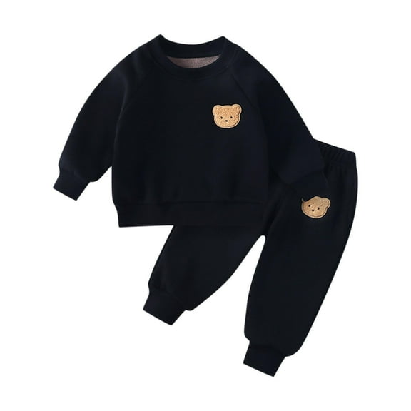 Comfy Sets CloCozyg For Boys Girls Long Sleeve Round Neck With Embroidered Teddy Bear Cute Comfortable Warm Sports Set Two-piece Set, Black 5 Years