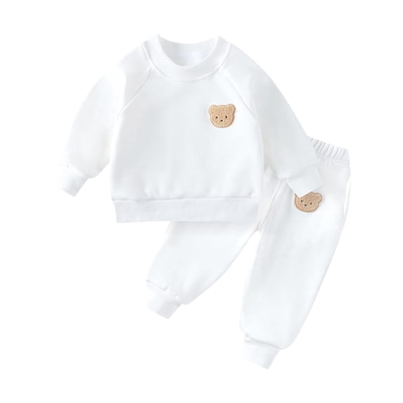 Comfy Sweatsuits Sets Boys Girls Long Sleeve Round Neck With Embroidered Teddy Bear Cute Fall Winter Sports Set Two-piece Set, White 2 Years