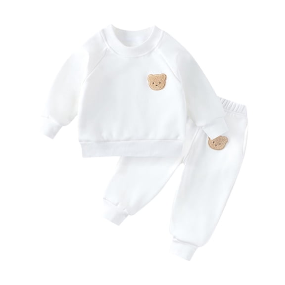 Comfy Sets CloCozyg For Boys Girls Long Sleeve Round Neck With Embroidered Teddy Bear Cute Comfortable Warm Sports Set Two-piece Set, White 2 Years