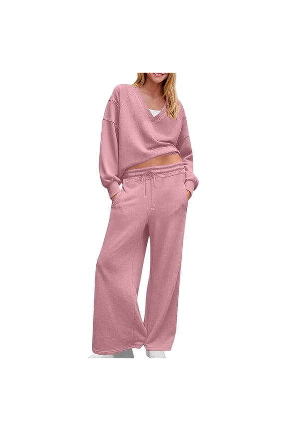 Comfy Sets for Women Clothing Womens 2 Piece Lounge Set Fall Outfits Solid Color Long Sleeve V-Neck Tops Oversized Wide Leg Pants Workout Tracksuit Sets Sporty Lightweight Cozy Casual Sets