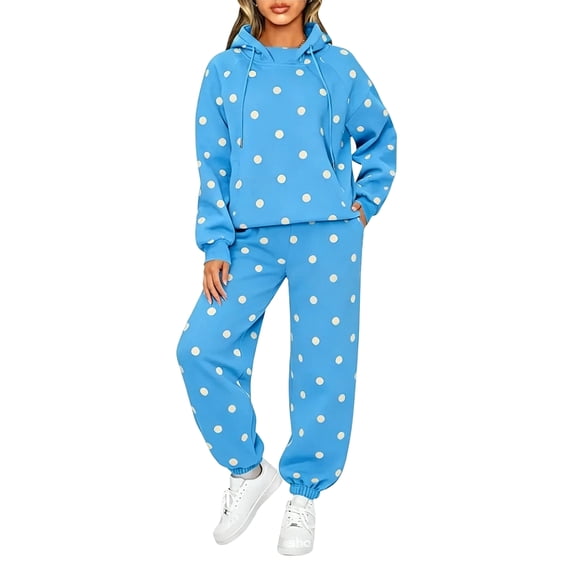 Comfy Sets for Women Clothing Casual Elastic Waist Joggers Matching Long Sleeve Hoodies Polka Dot Solid Lounge Trendy Sets with Pockets Blue L