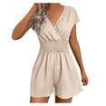 thumbnail image 1 of Comfy Short Jumpsuits Women Cap Sleeve Summer Pleated Wrap V Neck Casual Romper Shorts Smocked Elastic Waist Jumpers (L, Beige), 1 of 5