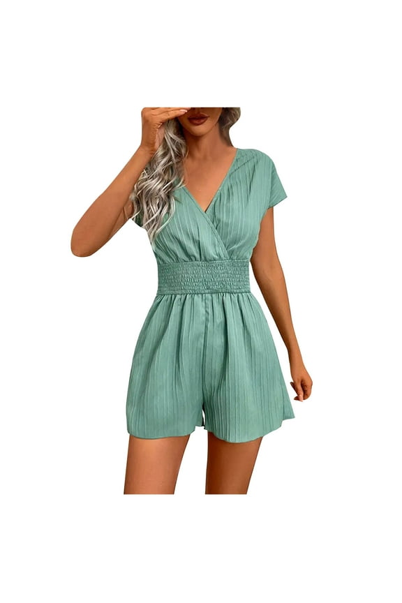 Comfy Short Jumpsuits Women Cap Sleeve Summer Pleated Wrap V Neck Casual Romper Shorts Smocked Elastic Waist Jumpers (M, Mint Green)