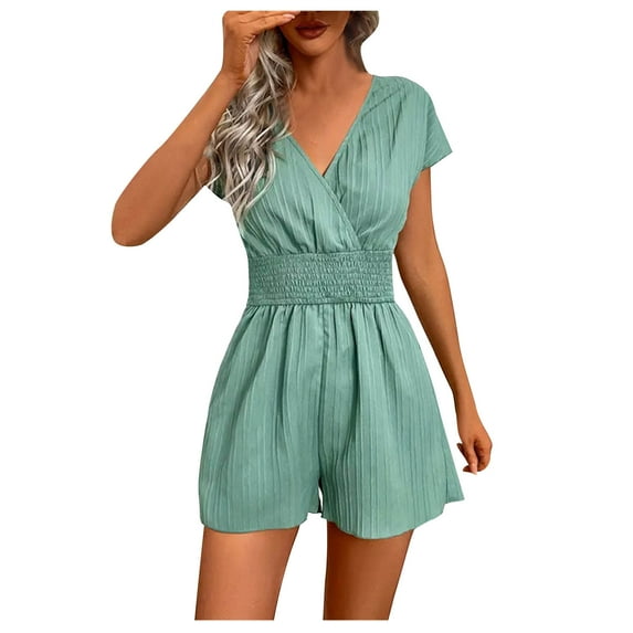 Comfy Short Jumpsuits Women Cap Sleeve Summer Pleated Wrap V Neck Casual Romper Shorts Smocked Elastic Waist Jumpers (S, Mint Green)