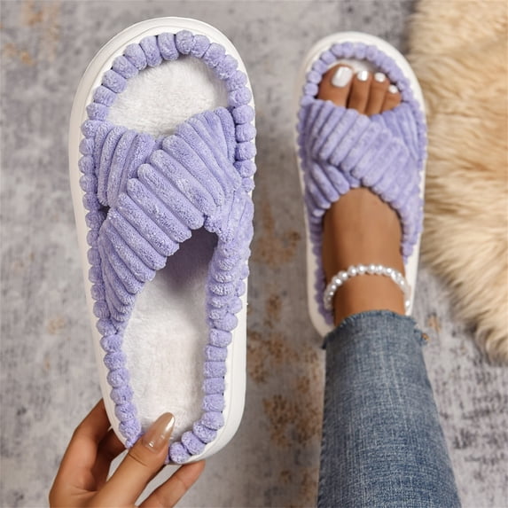 Comfy Slippers for Women Plush Crossstrap Open Toe Non-slip House Slippers Fall Slippers for Women Thick Soled Plush Slip‑on Indoor House Shoes