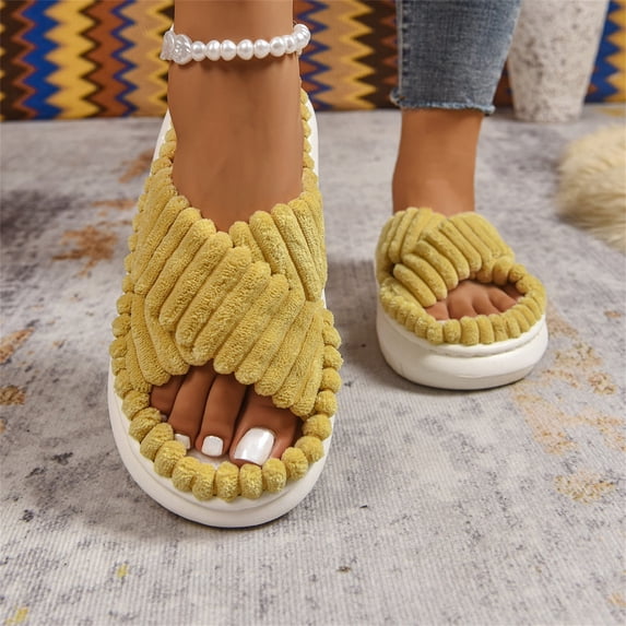 Comfy Slippers for Women Plush Crossstrap Open Toe Non-slip House Slippers Fall Slippers for Women Thick Soled Plush Slip‑on Indoor House Shoes