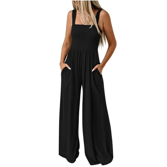Comfy Smocked Jumpsuits Womens Casual Dressy Overalls One Piece Sleeveless Wide Leg Long Pant Rompers Pocketed (L, Black)