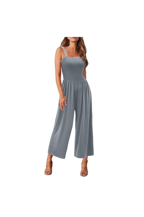 Comfy Smocked Jumpsuits Womens Casual Dressy Overalls One Piece Sleeveless Wide Leg Long Pant Rompers Pocketed (M, Gray)
