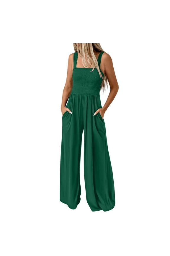 Comfy Smocked Jumpsuits Womens Casual Dressy Overalls One Piece Sleeveless Wide Leg Long Pant Rompers Pocketed (S, Green)