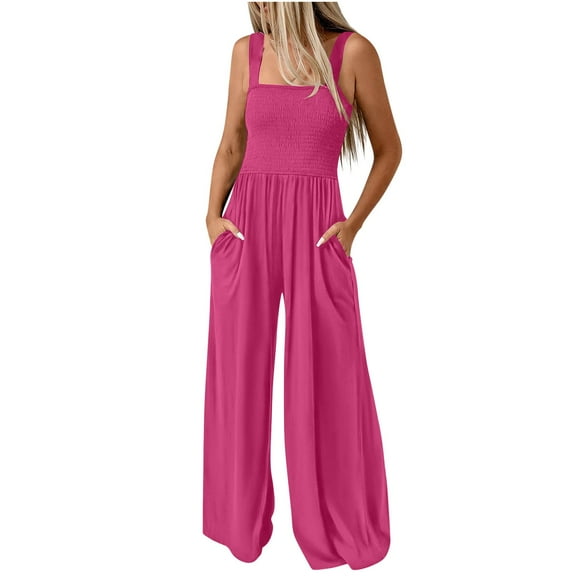 Comfy Smocked Jumpsuits Womens Casual Dressy Overalls One Piece Sleeveless Wide Leg Long Pant Rompers Pocketed (S, Hot Pink)
