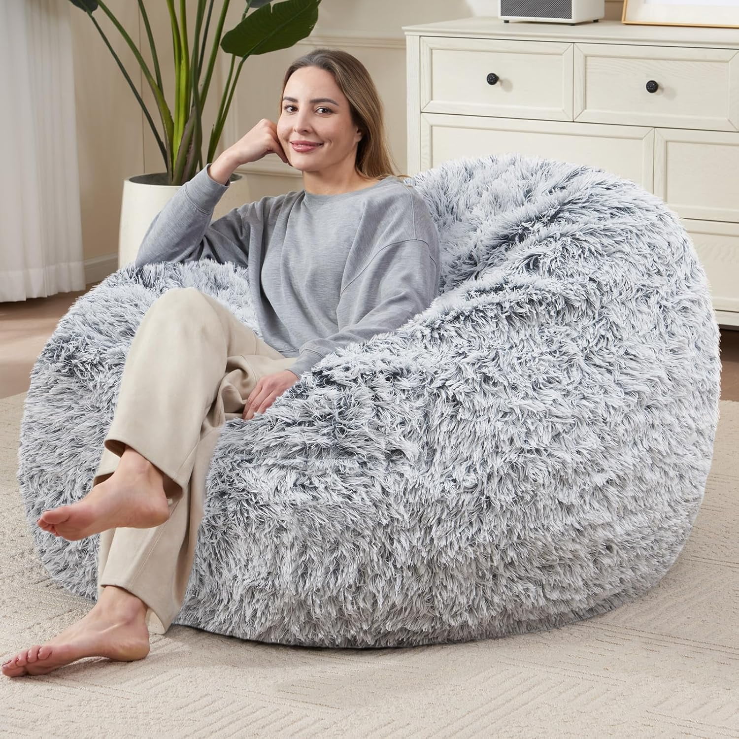 Comfy Soft Bean Bag Chair Cover for Teens Adults Boys, Living Room Furniture No Filler Cover Only, Stuffed Animal Bean Bag Chair with Side Pocket Anti-Slip Bottom