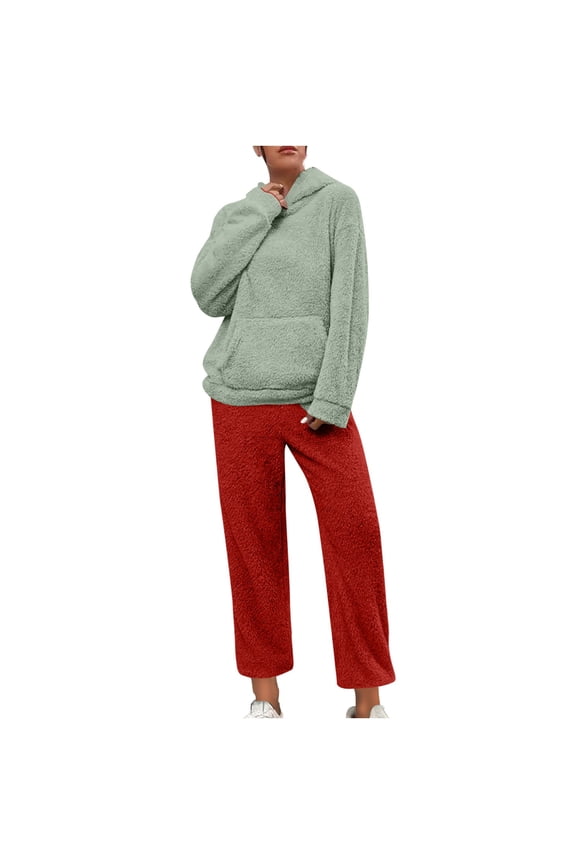 Comfy Soft Fleece Pajamas Sets for Couple Plus Size Casual Hooded Lounge Sets Womens 2024 Winter Warm 2PC Loungewear S-4XL