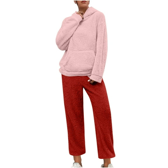 Comfy Soft Fleece Pajamas Sets for Couple Plus Size Casual Hooded Lounge Sets Womens 2024 Winter Warm 2PC Loungewear S-4XL