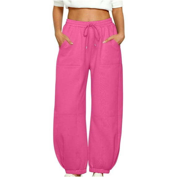 Comfy Sweatpants for Women Casual Fall Fleece Lined Cotton Wide Leg Cinched Bottom Joggers Pants with Pockets (L, Hot Pink)