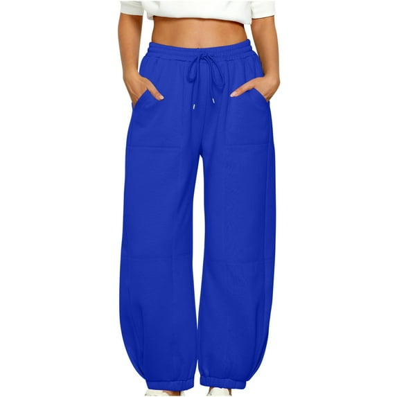 Comfy Sweatpants for Women Casual Fall Fleece Lined Cotton Wide Leg Cinched Bottom Joggers Pants with Pockets (S, Blue)