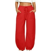 JSKUMAR Comfy Sweatpants for Women Casual Fall Fleece Lined Cotton Wide Leg Cinched Bottom Joggers Pants with Pockets (XL, Red)
