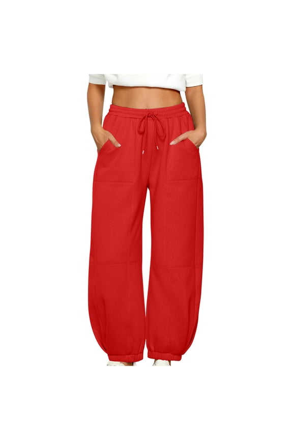 Comfy Sweatpants for Women Casual Fall Fleece Lined Cotton Wide Leg Cinched Bottom Joggers Pants with Pockets (XL, Red)