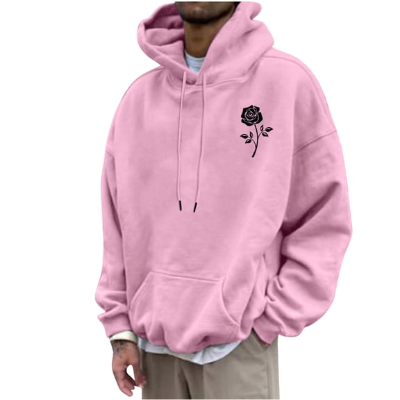 Comfy Sweatshirts for Men Hoodies Front Pocket Floral Print Long Sleeve Pullover Outerwear Sports Casual Tops (L, Pink)