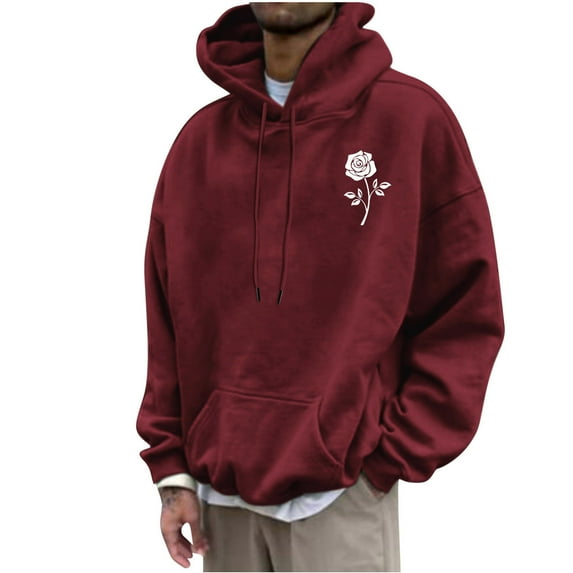 Comfy Sweatshirts for Men Hoodies Front Pocket Floral Print Long Sleeve Pullover Outerwear Sports Casual Tops (XL, Wine)