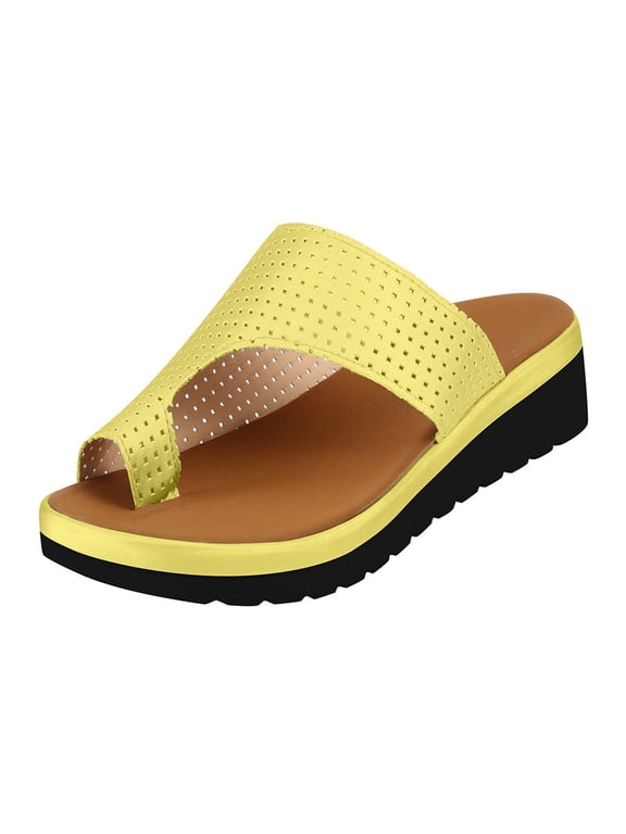 Comfy Thick Bottom Flat Sole PU Leather Shoes for Womens Orthopedic Bunion Corrector Sandals Casual Soft Ring Slides Flip Flops Slippers