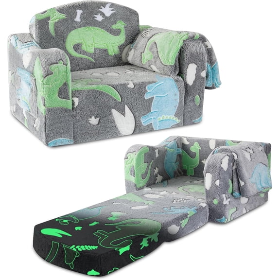 Comfy Toddler Chair and Couch for Kids with Blanket,2-in-1 Soft Plush Fold Out Toddler Couch for Girls and Boys,Convertible Sofa to Lounger for Playroom,Gray Dinosaur