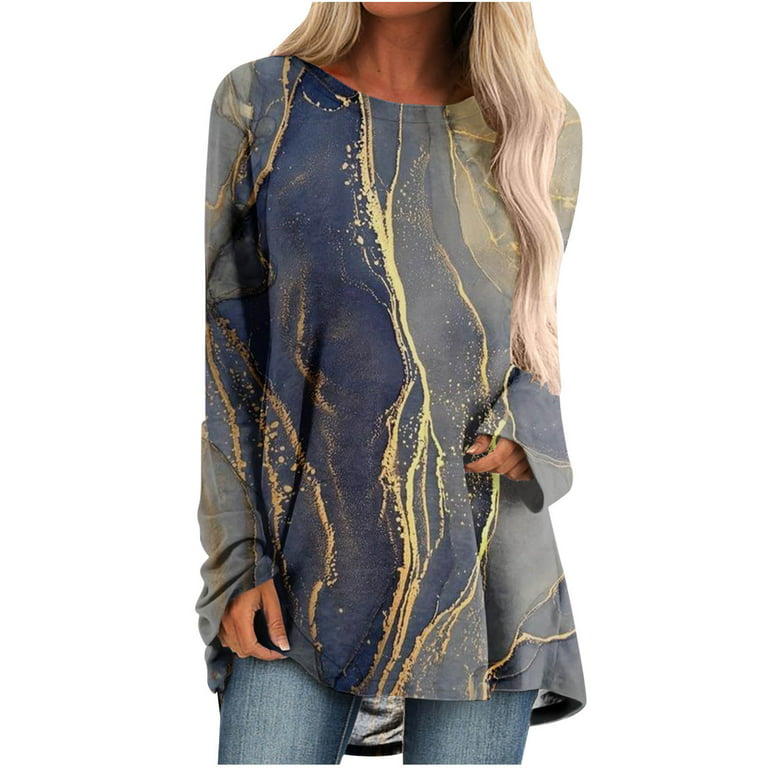 Comfy Tunic Tops to Wear with Leggings Round Neck Floral Graphic Flowy Hide  Belly Long Shirt Long Sleeve Shirts Plus Size Tops for Women Dressy Dark  Gray M 