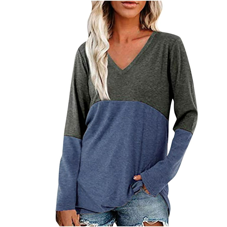 Comfy Tunic Tops to Wear with Leggings Plus Size Tops for Women V-Neck  Color Block Flowy Long Sleeve Shirts Dressy Hide Belly Long Shirt Navy S 